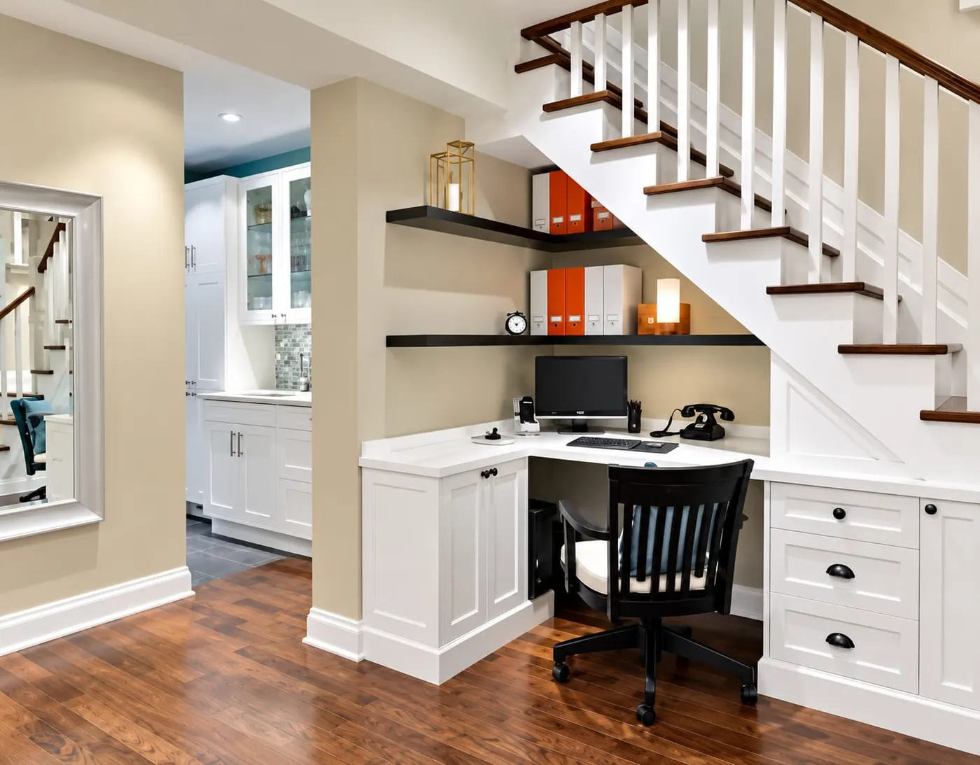 Basement stairway with built-in desk nook and white cabinetry in Bloomingdale