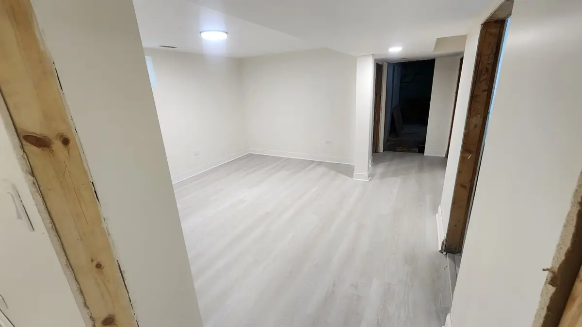 Basement with light gray plank flooring and a wood-framed doorway