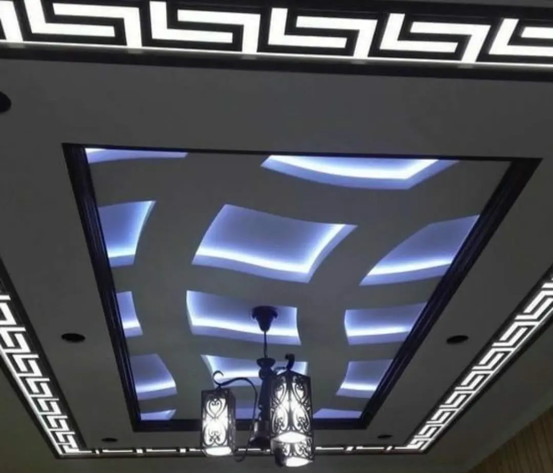 Painted tray ceiling with Greek key border and LED cove lighting